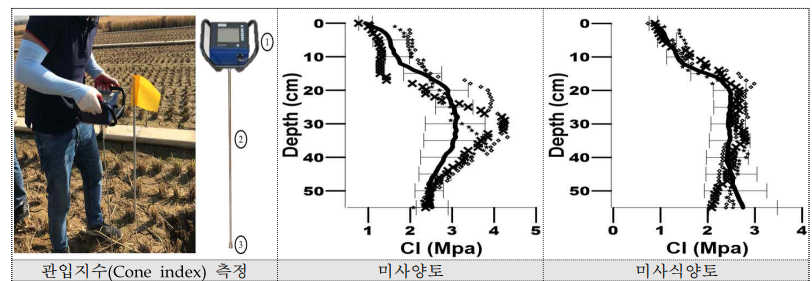 왕겨 충진형 땅속배수 성능평가 시험 포장의 관입지수(Cone index)