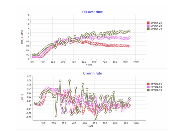 SP6C4의 배양온도별 Bioreactor 배양 growth profile 결과.