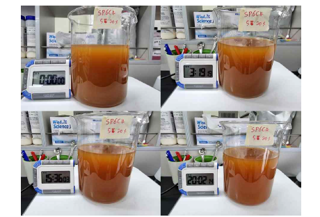 SP6C4 SC 20(20% 액상수화제)의 침전반응 확인.