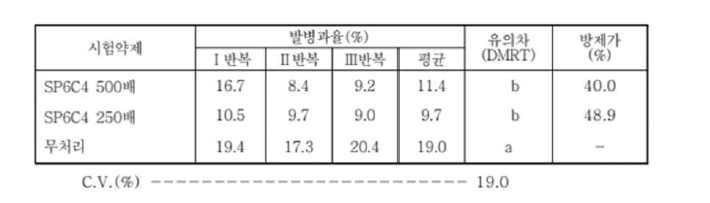 SP6C4 WP 20의 딸기 잿빛곰팡이병에 대한 약효시험 결과.