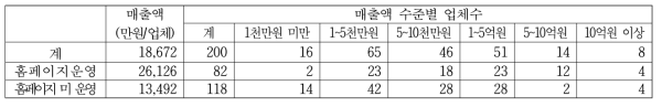 홈페이지 운영 여부별 매출액수준별 업체수 (단위: 개)