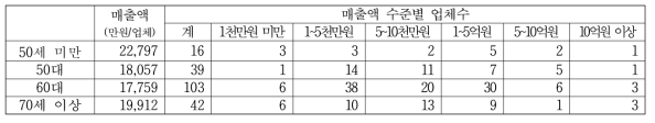 경영주 연령별 매출액 수준별 업체수 (단위:개)