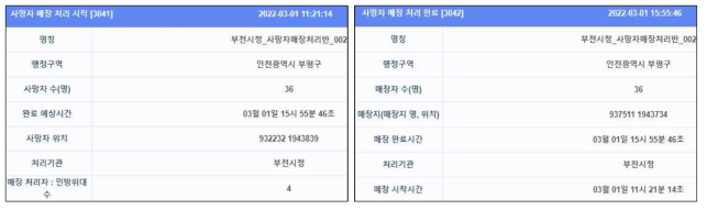 사망자 매장 처리 시작/완료 보고서