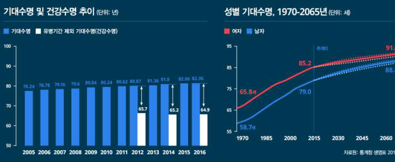 한국인의 기대수명과 건강 수명 (Geriatrics fact sheet, 대한노인병학회, 2018)