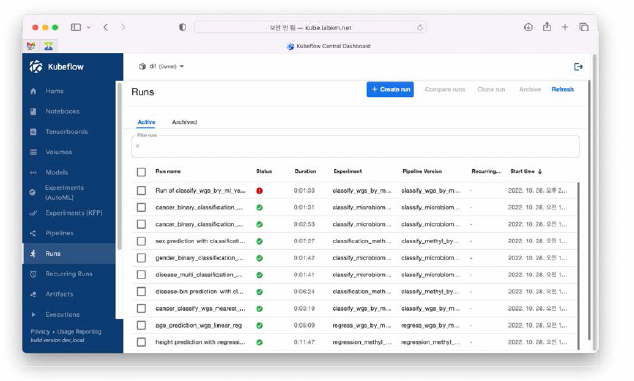 Kubeflow pipeline Run list screen