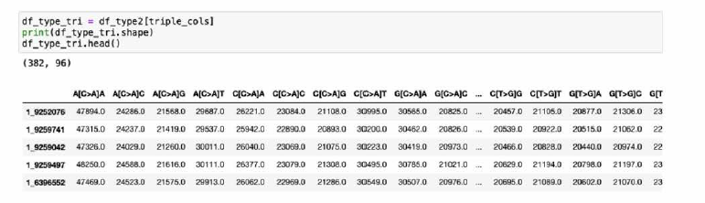 Part of counts matrix for tri-nucleotide mutation