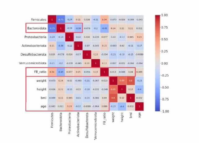 Heatmap of correlation between microbiome feces and clinical information