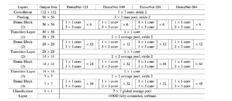 Structure of DenseNet121, DenseNet201