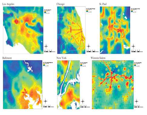 6개 도시지역의 시공간 모델을 통해 예측된 EC (μg/m3) 장기 예측농도 지도 (Kim et al., 2016)