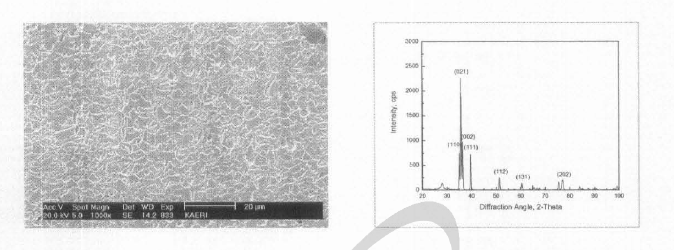 우라늄박판의 주사식현미경 사진(화) 및 X-ray 회절 pattern( 우)