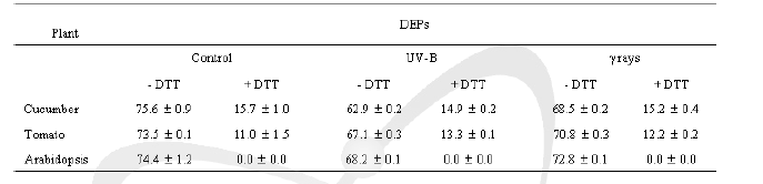 감마선과 UV-B조사 후 오이, 토마토 와 애기장대 잎에서 DTT에 대한 de-epoxidation의 영향