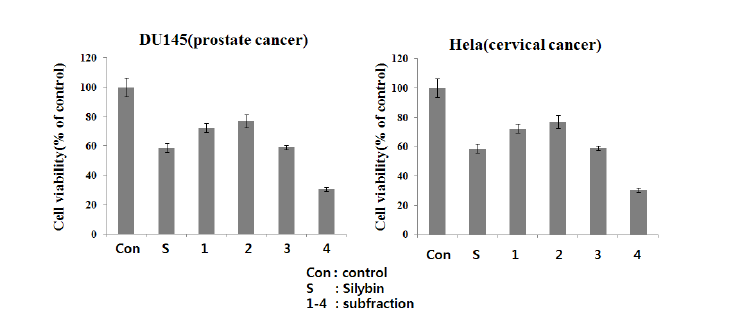 Silybin과 방사선조사 subfraction(1-4)이 암세포주 사멸에 미치는 영향