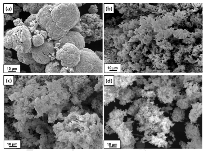 SEM morphologies of the as-synthesized powders calcined at 300°C for 1h prepared using different PVA contents and additions of Co, Y (a) Without PVA, (b) with PVA content 4:1, (c) PVA content 8:1 and (d) PVA content 4:1( NiCo-Y temp.400°C for 1h) ratio.