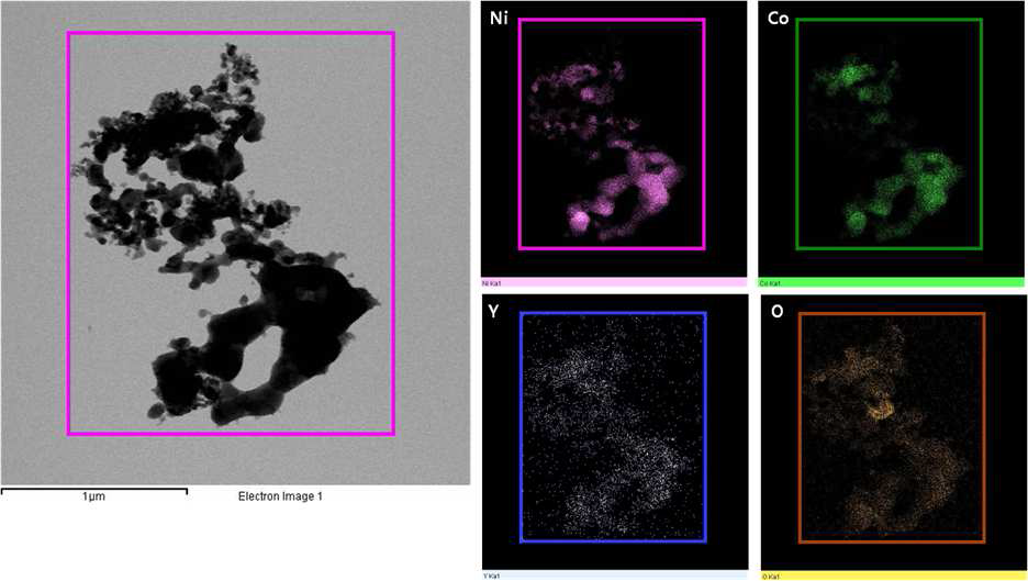 TEM Mapping analysis of as-synthesized NiCo-Y (0.6wt%)powders prepared from PVA content of 4:1 ratio , calcined at 500°C