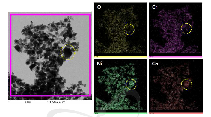 TEM Mapping results of as-synthesized NiCrCo powders prepared from PVA content of 4:1 ratio , calcined at 600°C