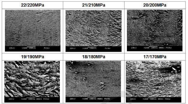 SEM fractographs on outer sides of six specimens (22MPa/220MPa, 21MPa/210MPa, 20MPa/200MPa, 19MPa/190MPa, 18MPa/180MPa, 17MPa/170MPa) ruptured by cyclic creep tests