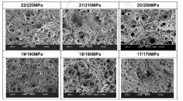 SEM fractographs on core sides (inner side) of six specimens (22MPa/220MPa, 21MPa/210MPa, 20MPa/200MPa, 19MPa/190MPa, 18MPa/180MPa, 17MPa/170MPa) ruptured by cyclic creep tests