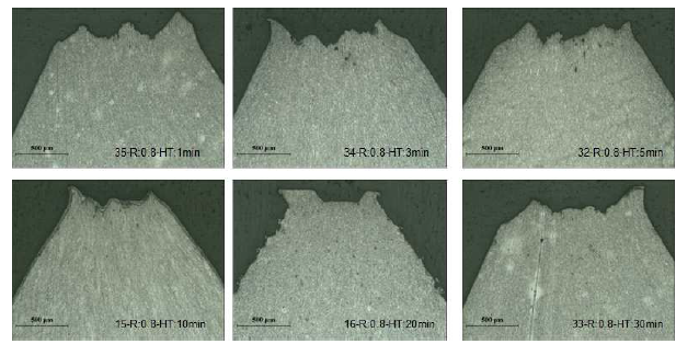 Shapes of deformed region by cyclic creep tests : hold times of 1min, 3min, 5min, 10min, 20min, and 30 mim at R=0.8