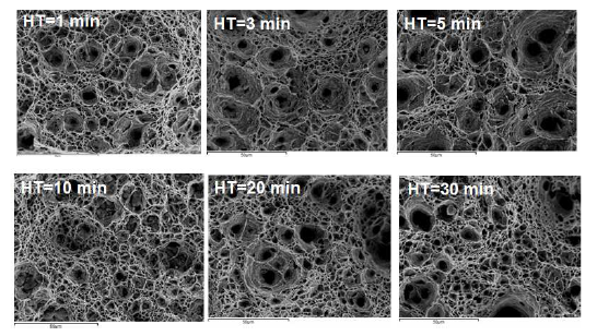 SEM fracture surface observed with hold times of 1min, 3min, 5min, 10min, 20min, and 30 mim at R=0.80