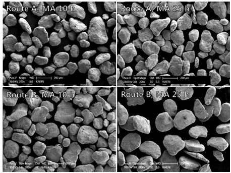 예비 원소분말의 혼합을 하지 않은 경우(route A)와 혼합을 한 경우(route B), 10시간 및 25시간 밀링 후의 기계적합금화 분말의 형태 비교.
