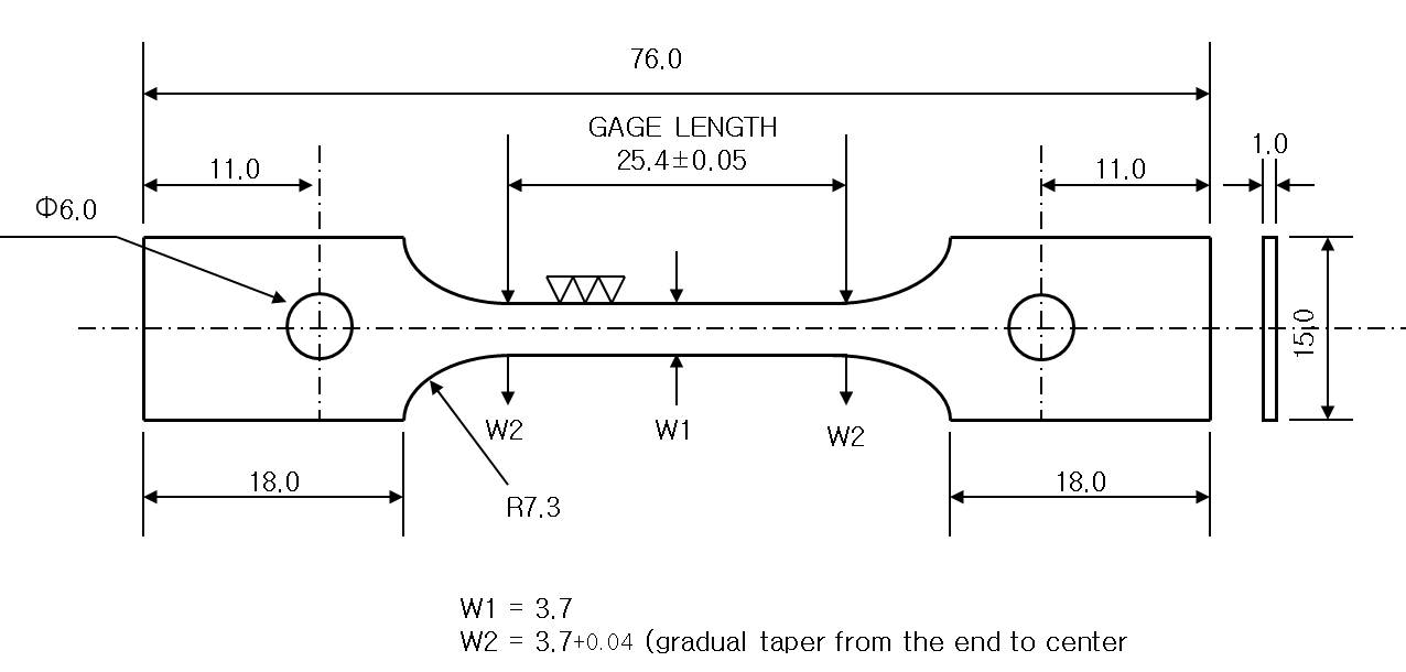 상온 및 고온 인장시험에 사용된 판상 인장시편 도면