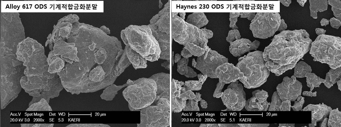 Alloy 617 및 Haynes 230 조성의 합금 분말 및 yttria와의 기계적합금화 분말의 형상