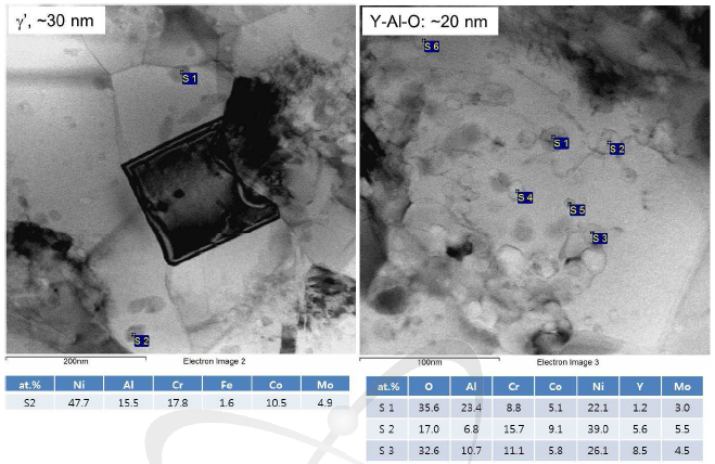 열간압출된 Alloy 617 ODS 합금에서 관찰된 γ’ 상과 Y-Al-O 계산화물의 TEM 미세조직 및 EDS 분석 결과