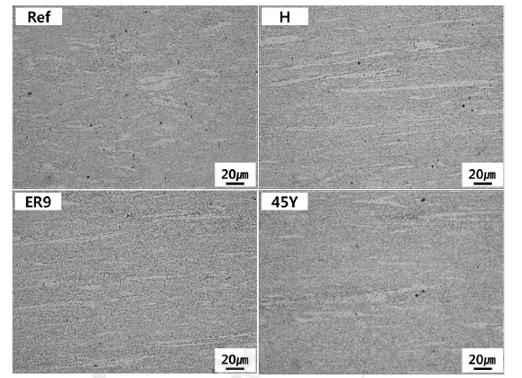 열간압출된 4종의 Alloy 617 ODS 합금의 광학 미세조직.
