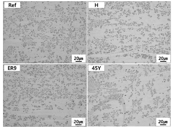 1200? 에서 2시간 용체화처리된 4종의 Alloy 617 ODS 합금의 광학 미세조직.