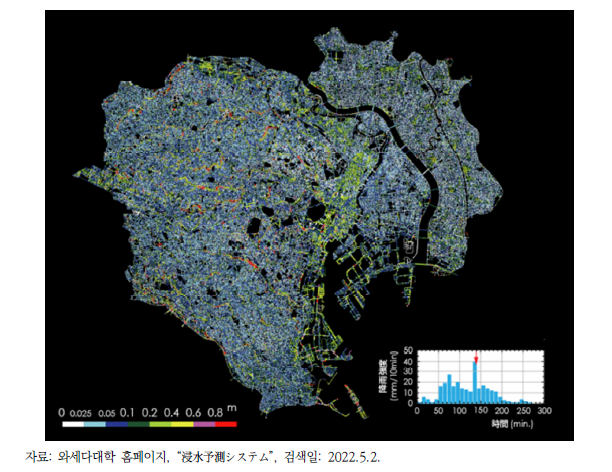 2005년 스기나미 호우를 대상으로 S-uiPS에 의해 계산된 도쿄도 23구의 침수심도