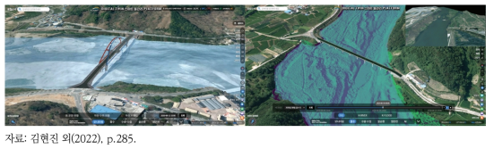 디지털 트윈화된 섬진강의 3D 객체화 교량(좌) 및 저수구역 내 지형(우)