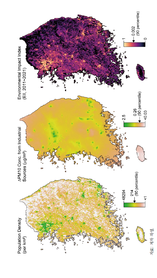 산업단지 개발사업의 환경영향지수 산정결과(인구분포도, PM10 농도 기여율, 환경영향지수)