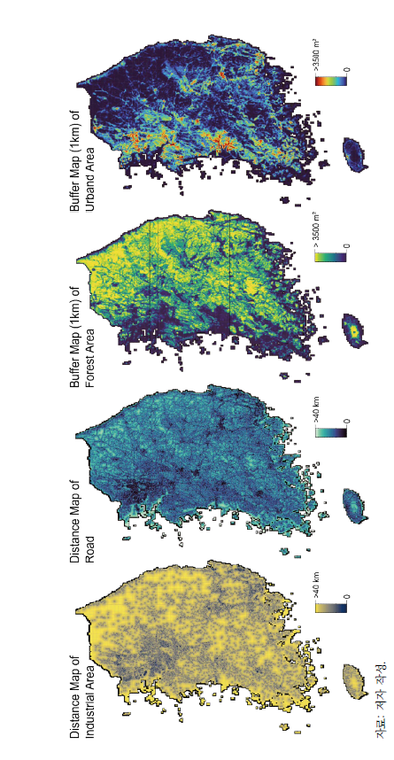토양측정망 중금속 분류(기계학습)를 통한 예측 변인 구축 도면(공업지역 거리, 교통지역 거리, 1km 버퍼 산림면적,1km 버퍼 도시면적에 대한 30m 픽셀 라스터)