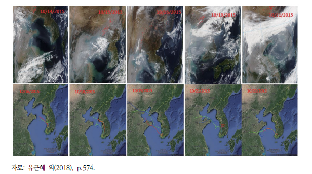 광주시 PM2.5 고농도 기간 중 MODIS 위성 영상과 공기 역궤적 해설 결과