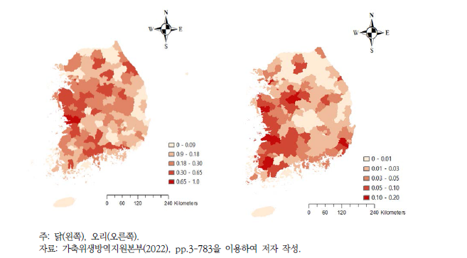 2019년 시군구별 국내 가금농장 사육분포