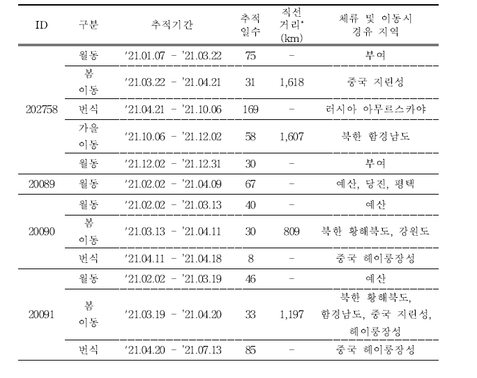 청둥오리의 이동경로 위치추적 결과