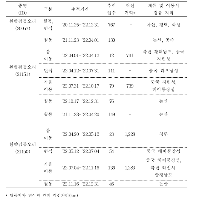 흰뺨검둥오리의 이동경로 위치추적 결과