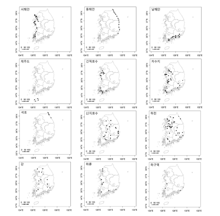 본 연구에서 활용된 겨울철 조류 동시 센서스 자료의 207개 철새도래 지역의 서식지 유형별 개수 및 위치