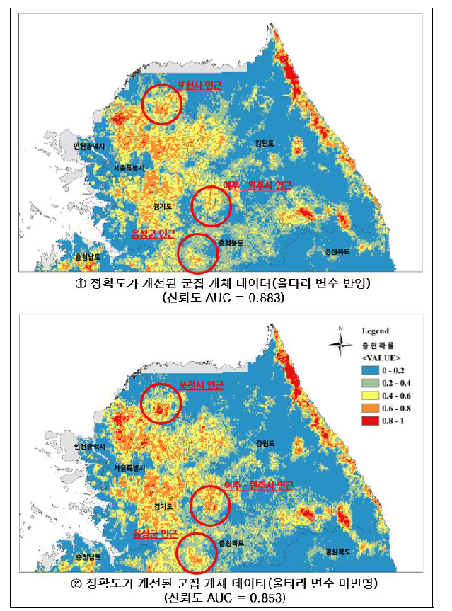 울타리 변수 반영/미반영에 따른 멧돼지 잠재서식지 분석 결과 비교