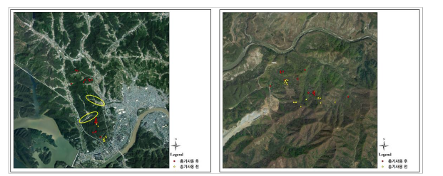 총기 사용 전·후 개체 이동 분석(좌 : 진주시, 우 : 포천시)