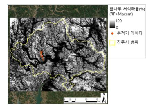 진주시 참나무 서식 확률 추정 결과(RF, MaxEnt 사용)