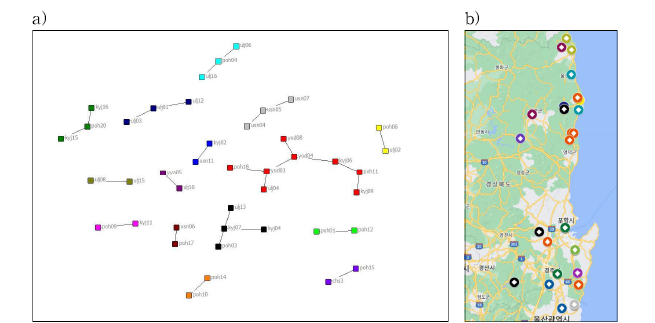 a) 동해안 그룹의 혈연 그룹 네트워크, b) 동해안 그룹의 혈연 그룹 분포