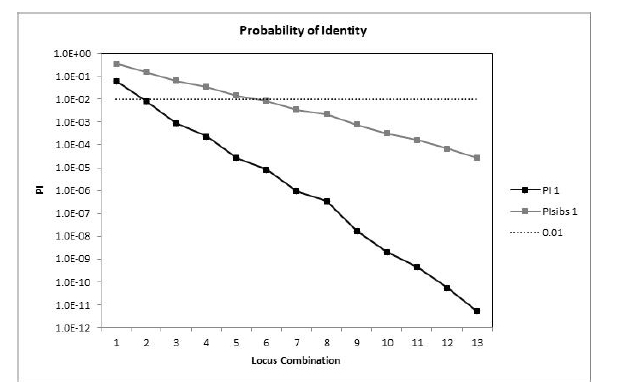 멧돼지 489개의 조직 DNA 시료의 유전자형 분석에 의한 Probability of Identity 분석 결과