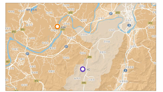 경기 연천 지역(지역 코드 GM, YC) 식별된 개체 위치