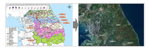 연구대상지선정과정 (좌 : ASF 확산현황및관리/대책구역, 우: 위성지도, 출처: 환경부)