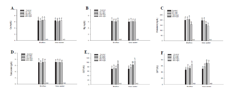 Calcium (A), magnesium (B), cholesterol (C), total protein (D), GOT (E) and GPT (F) of olive flounder, P. olivaceus, cultured in biofloc and seawater exposed to nitrite.