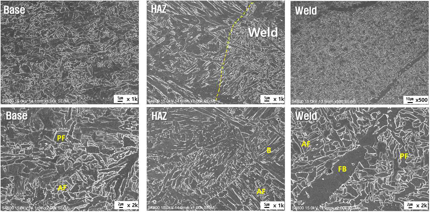 용접부 및 열영향부의 미세조직(SEM)