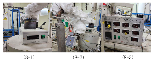 활성화 제작 장치의 온도 제어 설비(가스 온도 조절기, 가스 라인 히팅밴드, 온도 제어 디스플레이)
