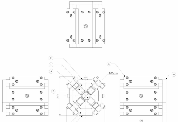 제작을 위한 설계 도면 (1) 알미늄 보빈, (2,3) 저탄소강 리턴요크, (4) Sm2Co17 영구자석, (5) 저탄소강 폴팁, (6) 조절가능한 slug 리턴요크, (7) 알루미늄 하부 지지구조물, (8) 알루미늄 방사선 차폐실드