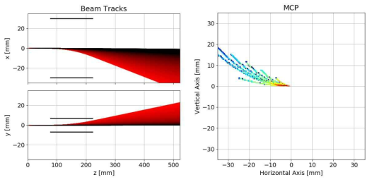 입자 proton, carbon 1+ ~ 6+, 에너지 0.5 ~ 100 MeV, 인가 전기장 3 kV 인 경우의 빔 트랙(좌)와 MCP 스크린의 관측 신호